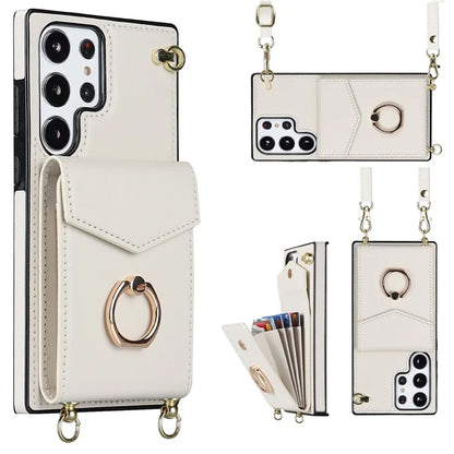 For Samsung Galaxy S22 Ultra 5G Phone Case Ring Kickstand Cover with 2 Straps