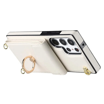 For Samsung Galaxy S22 Ultra 5G Phone Case Ring Kickstand Cover with 2 Straps