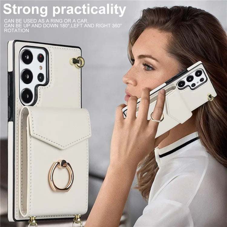 For Samsung Galaxy S22 Ultra 5G Phone Case Ring Kickstand Cover with 2 Straps