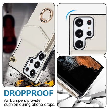 For Samsung Galaxy S22 Ultra 5G Phone Case Ring Kickstand Cover with 2 Straps