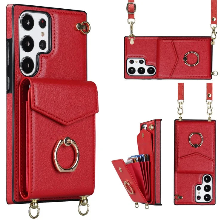 For Samsung Galaxy S22 Ultra 5G Phone Case Ring Kickstand Cover with 2 Straps