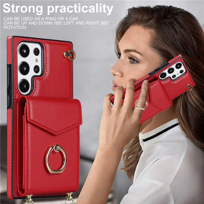 For Samsung Galaxy S22 Ultra 5G Phone Case Ring Kickstand Cover with 2 Straps