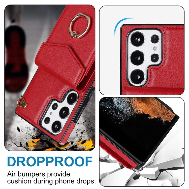 For Samsung Galaxy S22 Ultra 5G Phone Case Ring Kickstand Cover with 2 Straps