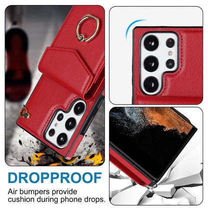 For Samsung Galaxy S22 Ultra 5G Phone Case Ring Kickstand Cover with 2 Straps