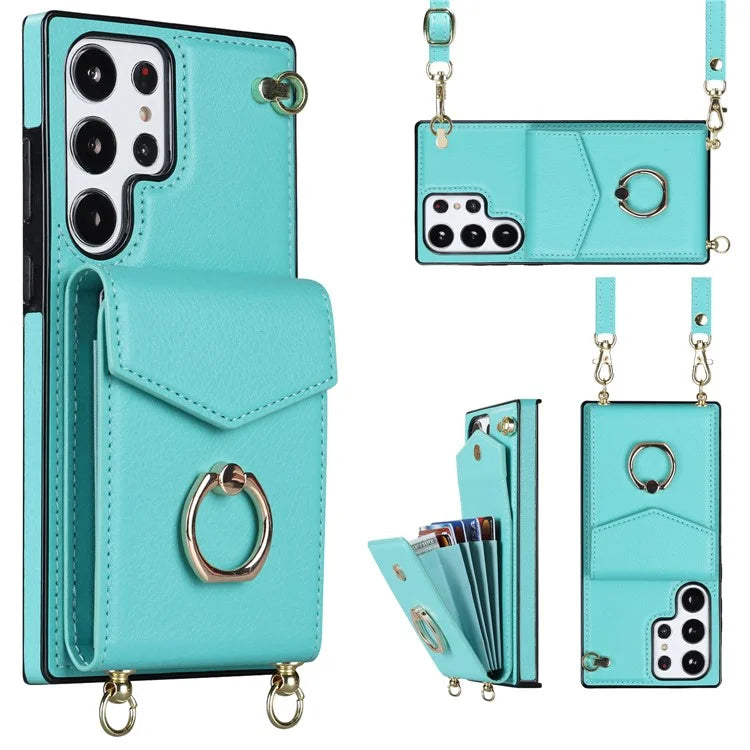 For Samsung Galaxy S22 Ultra 5G Phone Case Ring Kickstand Cover with 2 Straps