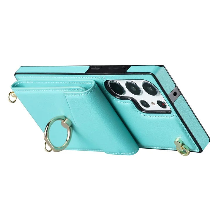 For Samsung Galaxy S22 Ultra 5G Phone Case Ring Kickstand Cover with 2 Straps
