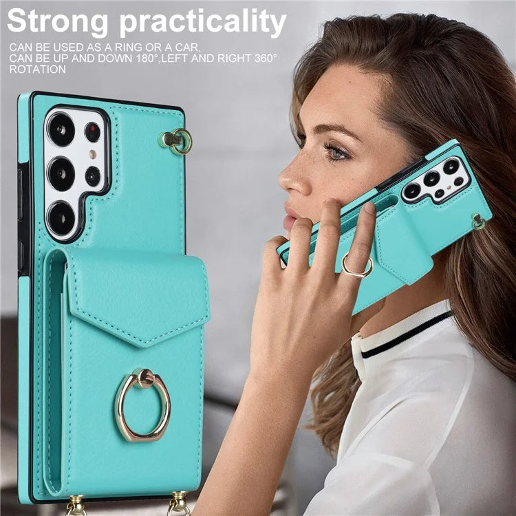 For Samsung Galaxy S22 Ultra 5G Phone Case Ring Kickstand Cover with 2 Straps