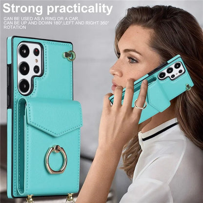 For Samsung Galaxy S22 Ultra 5G Phone Case Ring Kickstand Cover with 2 Straps
