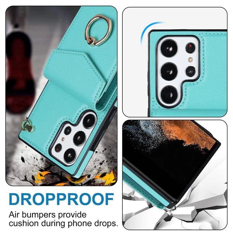 For Samsung Galaxy S22 Ultra 5G Phone Case Ring Kickstand Cover with 2 Straps
