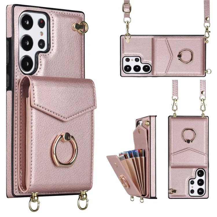 For Samsung Galaxy S22 Ultra 5G Phone Case Ring Kickstand Cover with 2 Straps