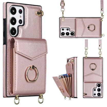 For Samsung Galaxy S22 Ultra 5G Phone Case Ring Kickstand Cover with 2 Straps