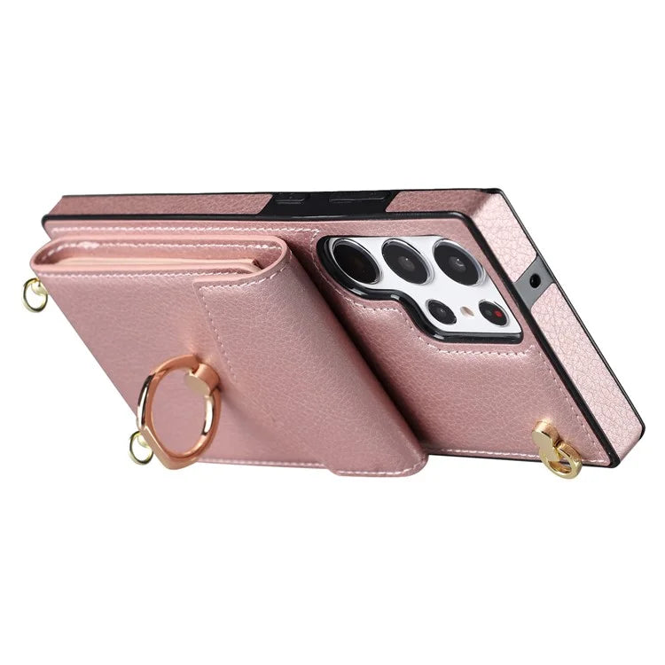 For Samsung Galaxy S22 Ultra 5G Phone Case Ring Kickstand Cover with 2 Straps