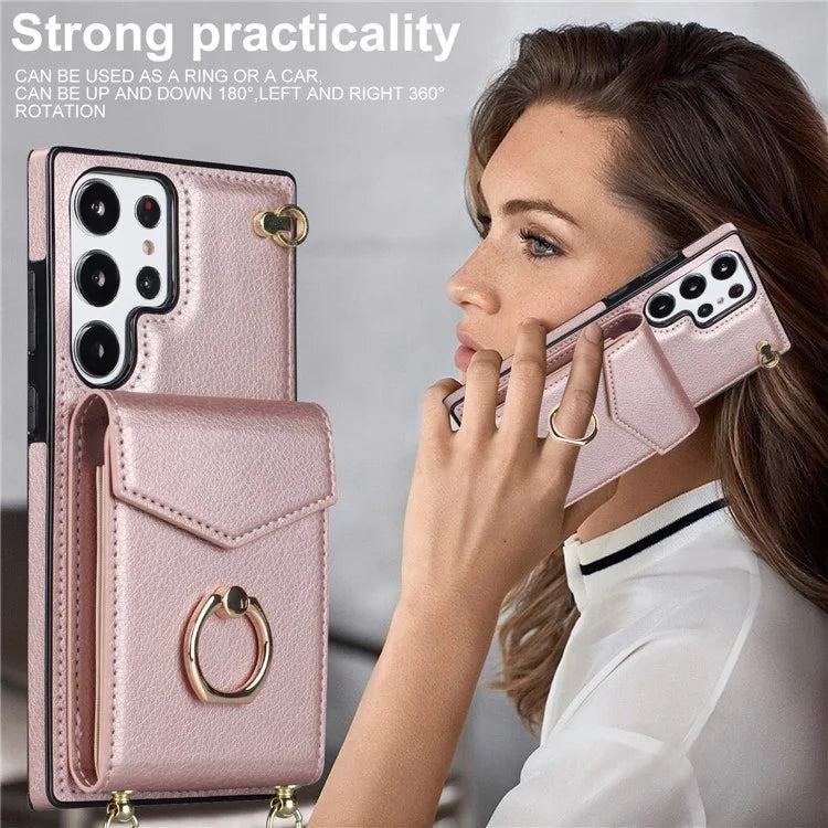 For Samsung Galaxy S22 Ultra 5G Phone Case Ring Kickstand Cover with 2 Straps