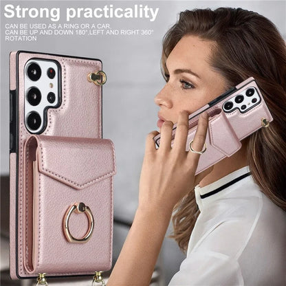 For Samsung Galaxy S22 Ultra 5G Phone Case Ring Kickstand Cover with 2 Straps