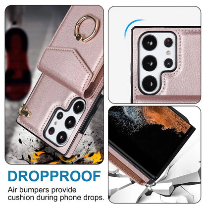 For Samsung Galaxy S22 Ultra 5G Phone Case Ring Kickstand Cover with 2 Straps