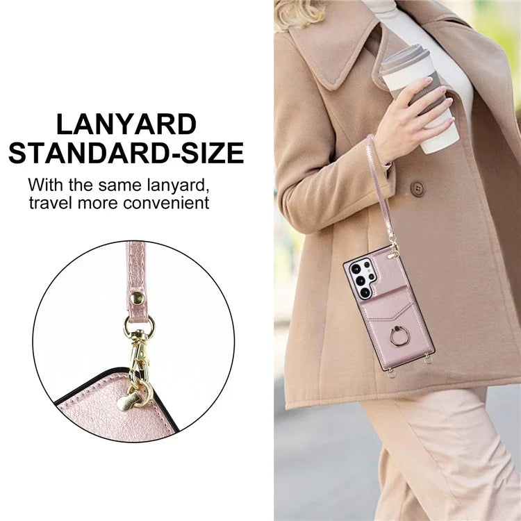 For Samsung Galaxy S22 Ultra 5G Phone Case Ring Kickstand Cover with 2 Straps