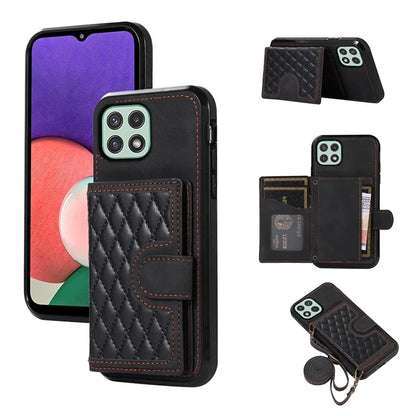 For Samsung Galaxy A22 5G (EU Version) Rhombus Grid Phone Case TPU+PU Leather Kickstand Shell