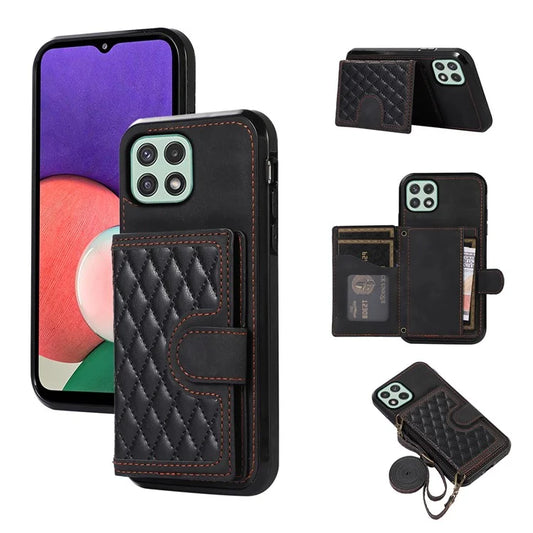 For Samsung Galaxy A22 5G (EU Version) Rhombus Grid Phone Case TPU+PU Leather Kickstand Shell