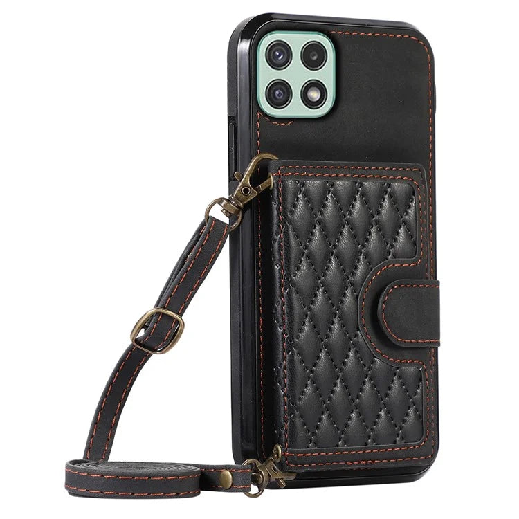 For Samsung Galaxy A22 5G (EU Version) Rhombus Grid Phone Case TPU+PU Leather Kickstand Shell