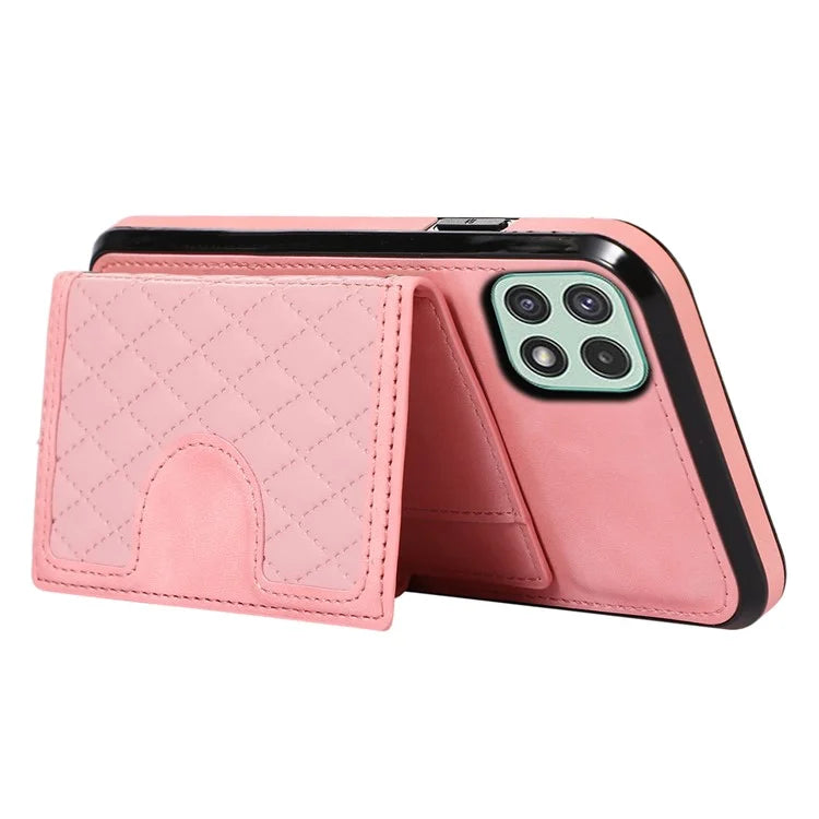 For Samsung Galaxy A22 5G (EU Version) Rhombus Grid Phone Case TPU+PU Leather Kickstand Shell