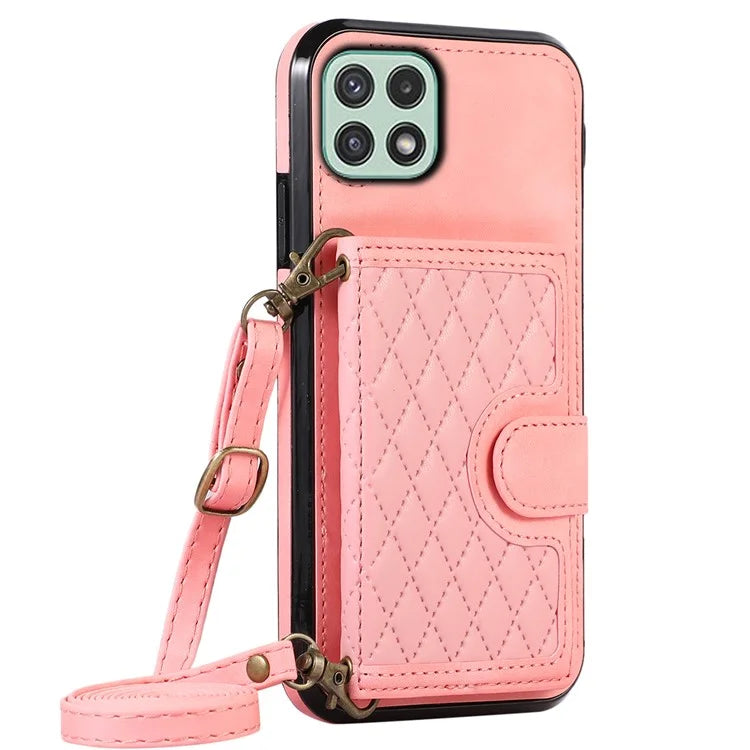 For Samsung Galaxy A22 5G (EU Version) Rhombus Grid Phone Case TPU+PU Leather Kickstand Shell