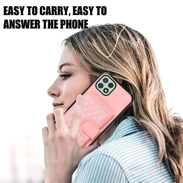 For Samsung Galaxy A22 5G (EU Version) Rhombus Grid Phone Case TPU+PU Leather Kickstand Shell