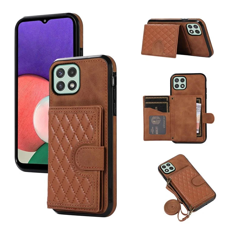 For Samsung Galaxy A22 5G (EU Version) Rhombus Grid Phone Case TPU+PU Leather Kickstand Shell