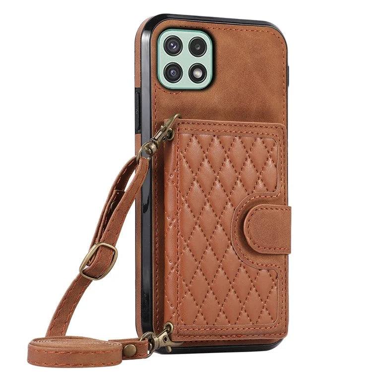 For Samsung Galaxy A22 5G (EU Version) Rhombus Grid Phone Case TPU+PU Leather Kickstand Shell