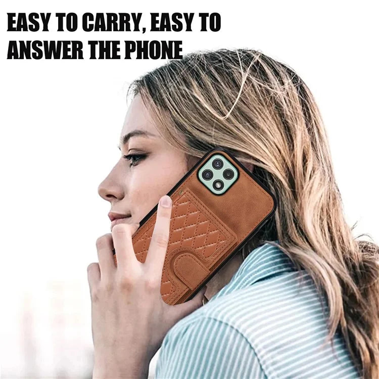 For Samsung Galaxy A22 5G (EU Version) Rhombus Grid Phone Case TPU+PU Leather Kickstand Shell