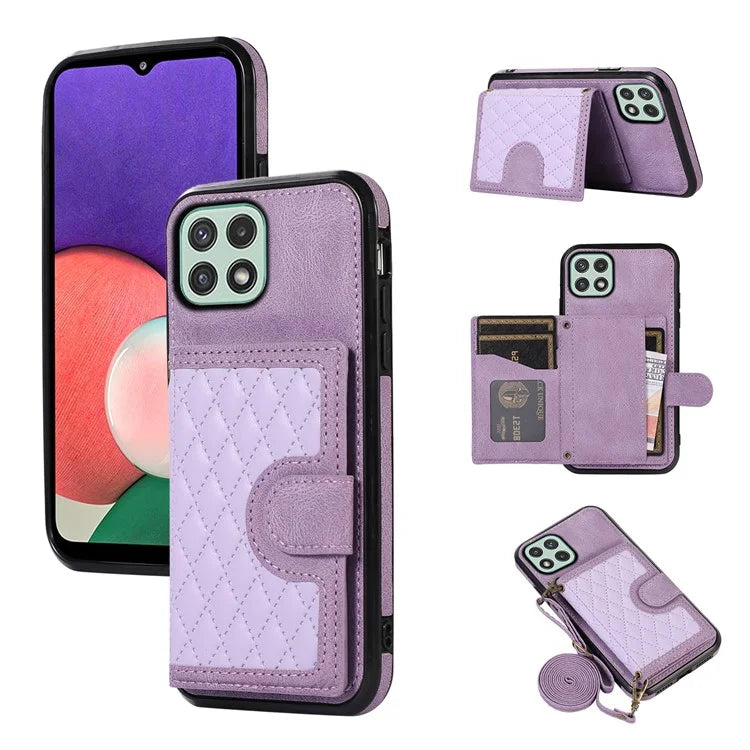 For Samsung Galaxy A22 5G (EU Version) Rhombus Grid Phone Case TPU+PU Leather Kickstand Shell