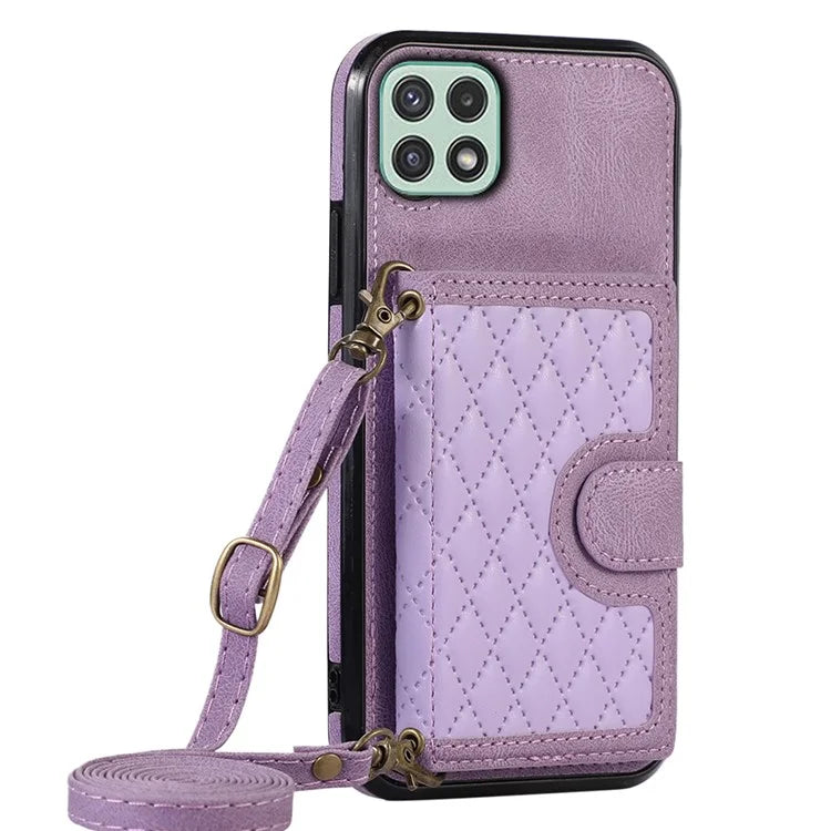 For Samsung Galaxy A22 5G (EU Version) Rhombus Grid Phone Case TPU+PU Leather Kickstand Shell
