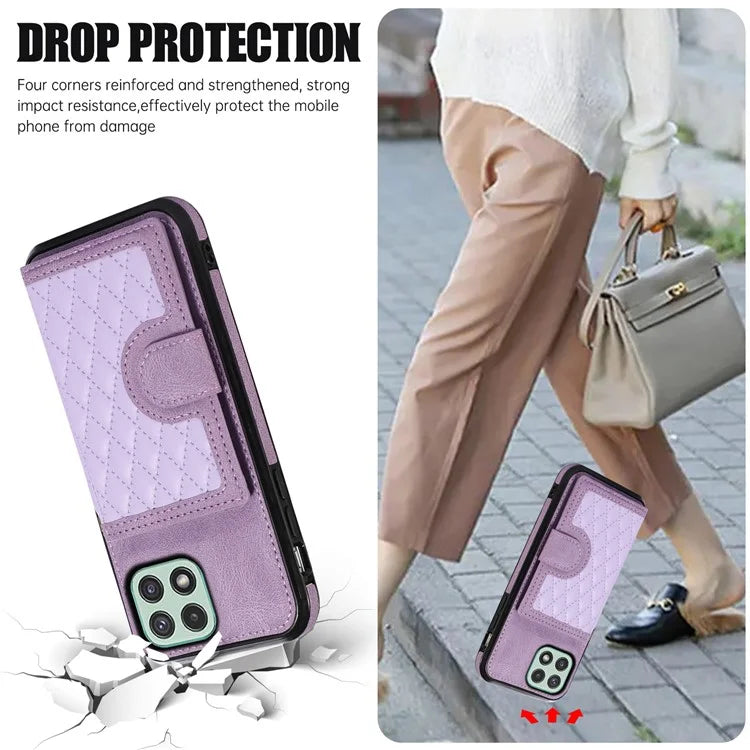 For Samsung Galaxy A22 5G (EU Version) Rhombus Grid Phone Case TPU+PU Leather Kickstand Shell
