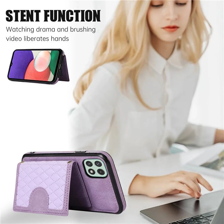 For Samsung Galaxy A22 5G (EU Version) Rhombus Grid Phone Case TPU+PU Leather Kickstand Shell