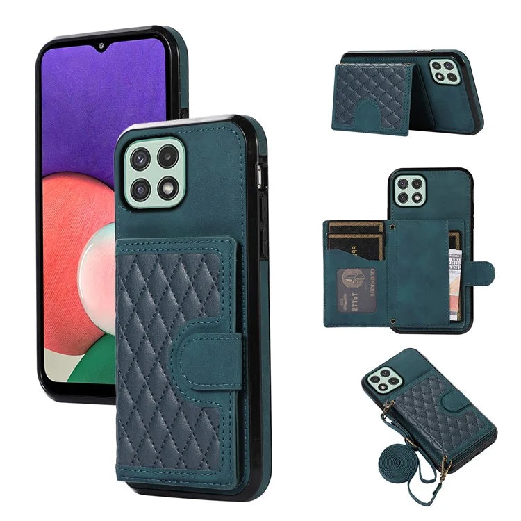 For Samsung Galaxy A22 5G (EU Version) Rhombus Grid Phone Case TPU+PU Leather Kickstand Shell