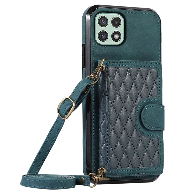 For Samsung Galaxy A22 5G (EU Version) Rhombus Grid Phone Case TPU+PU Leather Kickstand Shell