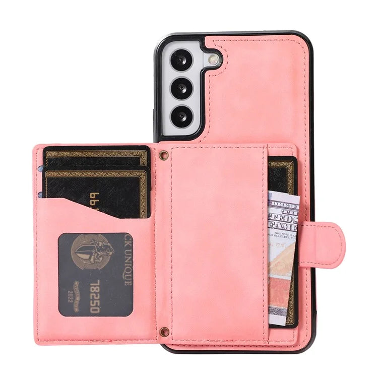 For Samsung Galaxy S21 FE 5G Kickstand Phone Case TPU+PU Leather Shoulder Phone Bag