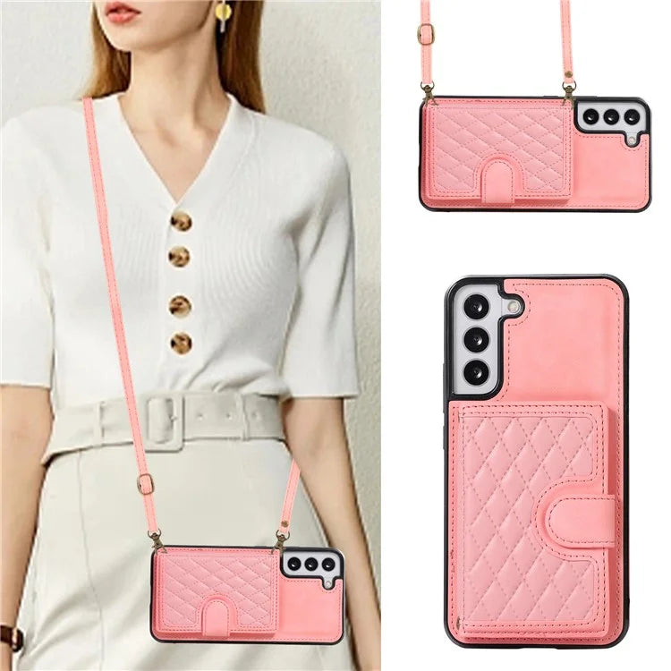 For Samsung Galaxy S21 FE 5G Kickstand Phone Case TPU+PU Leather Shoulder Phone Bag