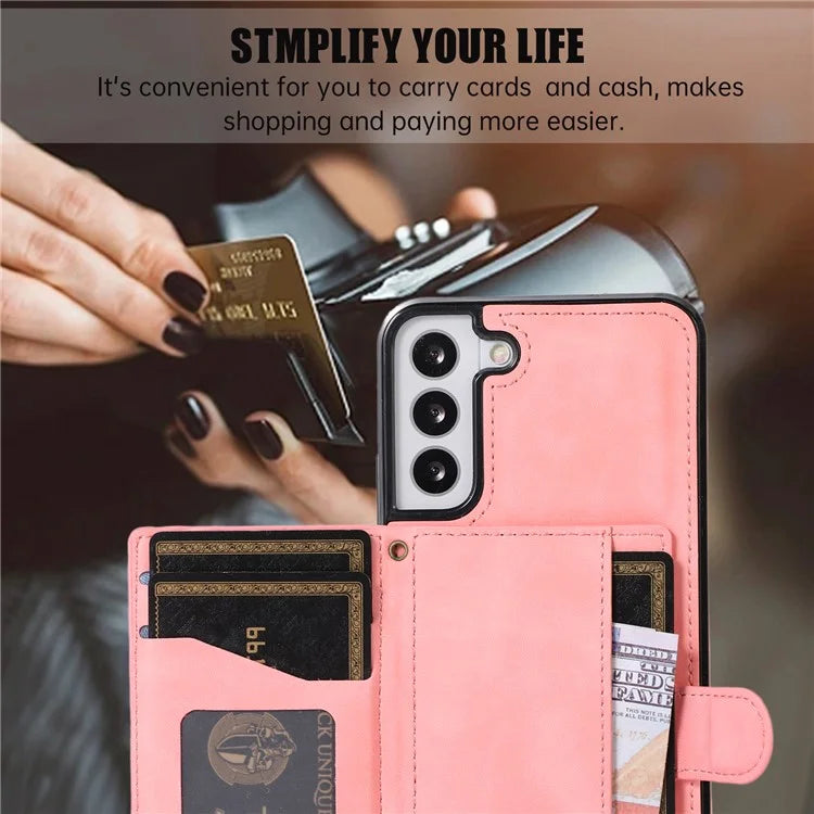 For Samsung Galaxy S21 FE 5G Kickstand Phone Case TPU+PU Leather Shoulder Phone Bag