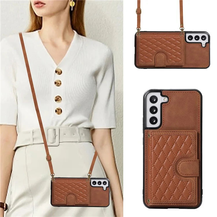 For Samsung Galaxy S21 FE 5G Kickstand Phone Case TPU+PU Leather Shoulder Phone Bag