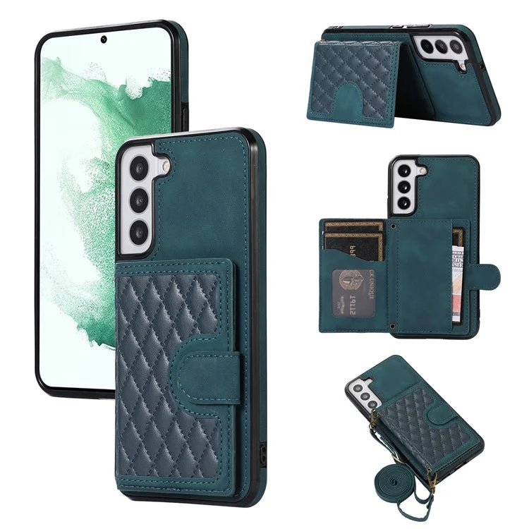 For Samsung Galaxy S21 FE 5G Kickstand Phone Case TPU+PU Leather Shoulder Phone Bag