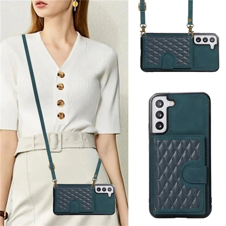 For Samsung Galaxy S21 FE 5G Kickstand Phone Case TPU+PU Leather Shoulder Phone Bag