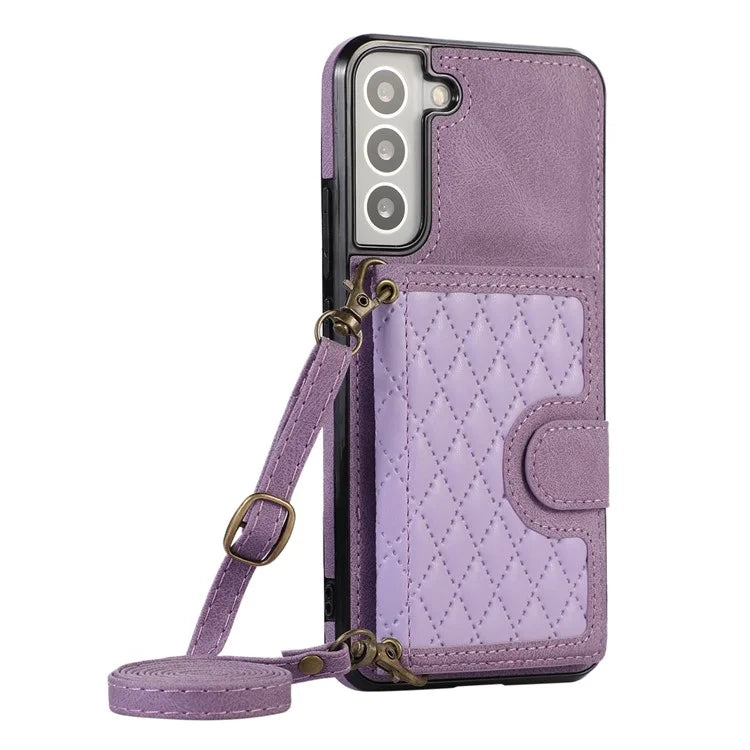 For Samsung Galaxy S21 FE 5G Kickstand Phone Case TPU+PU Leather Shoulder Phone Bag