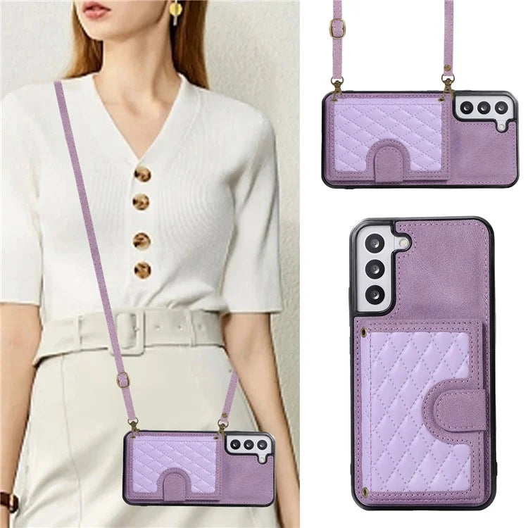 For Samsung Galaxy S21 FE 5G Kickstand Phone Case TPU+PU Leather Shoulder Phone Bag
