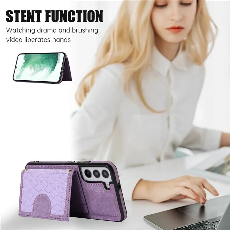 For Samsung Galaxy S21 FE 5G Kickstand Phone Case TPU+PU Leather Shoulder Phone Bag