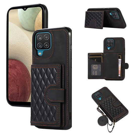 For Samsung Galaxy A12 Case Imprinted Phone Cover Card Holder TPU+PU Leather Shell