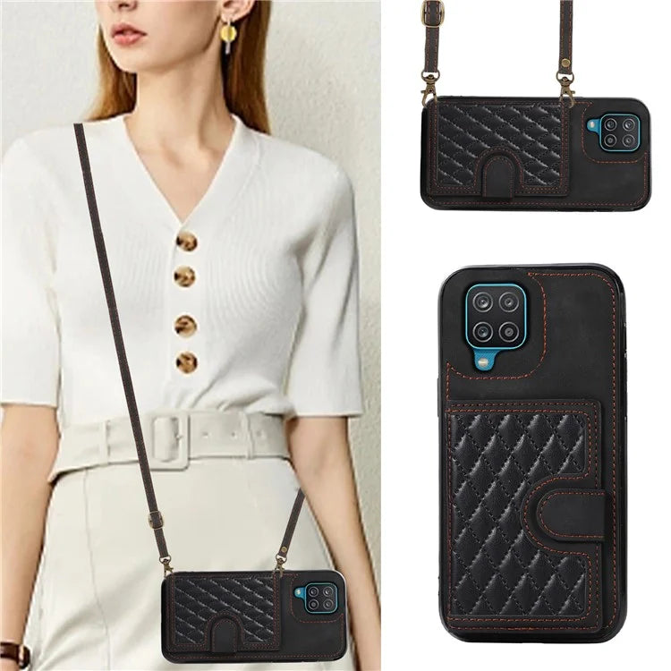 For Samsung Galaxy A12 Case Imprinted Phone Cover Card Holder TPU+PU Leather Shell