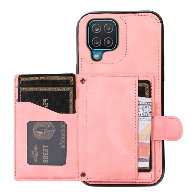 For Samsung Galaxy A12 Case Imprinted Phone Cover Card Holder TPU+PU Leather Shell
