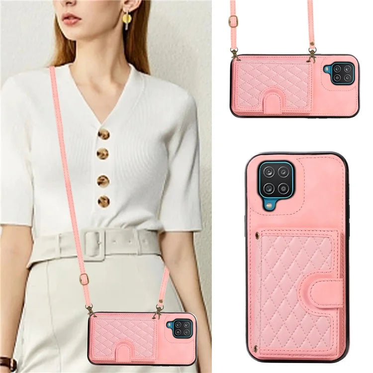 For Samsung Galaxy A12 Case Imprinted Phone Cover Card Holder TPU+PU Leather Shell