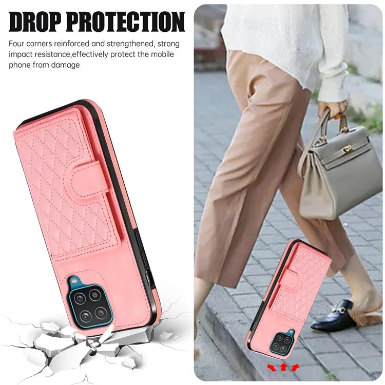 For Samsung Galaxy A12 Case Imprinted Phone Cover Card Holder TPU+PU Leather Shell