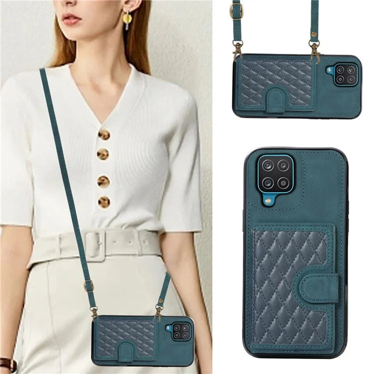 For Samsung Galaxy A12 Case Imprinted Phone Cover Card Holder TPU+PU Leather Shell